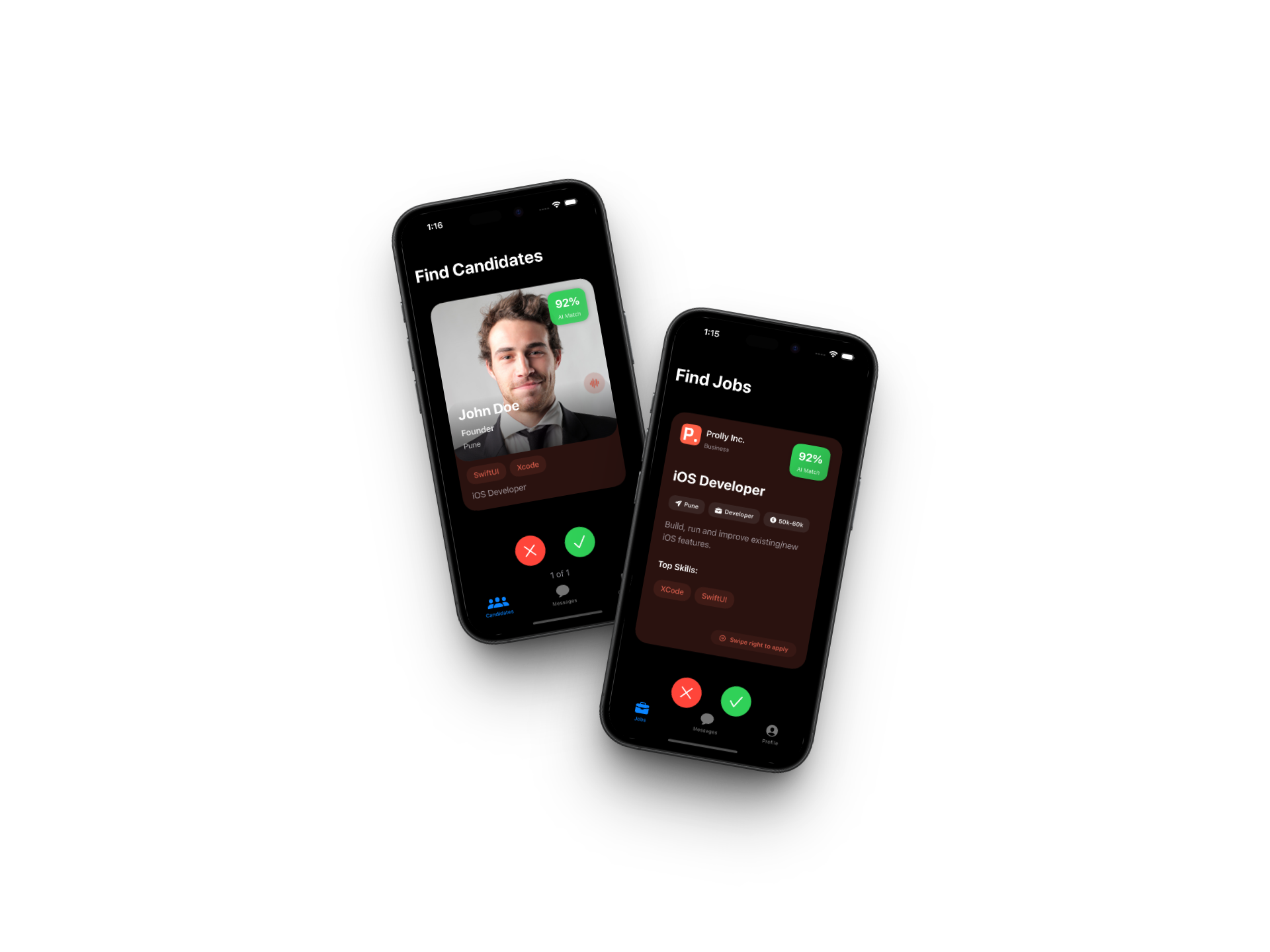 Prolly app UI showing candidate and job matching